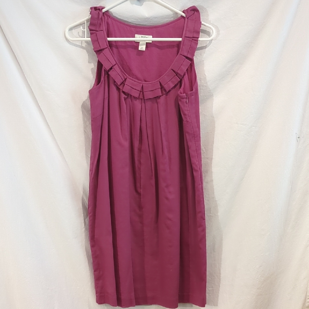 LOFT | Bright Purple Sleeveless Cotton Shift Dress Pleated Neck Pockets | 6P